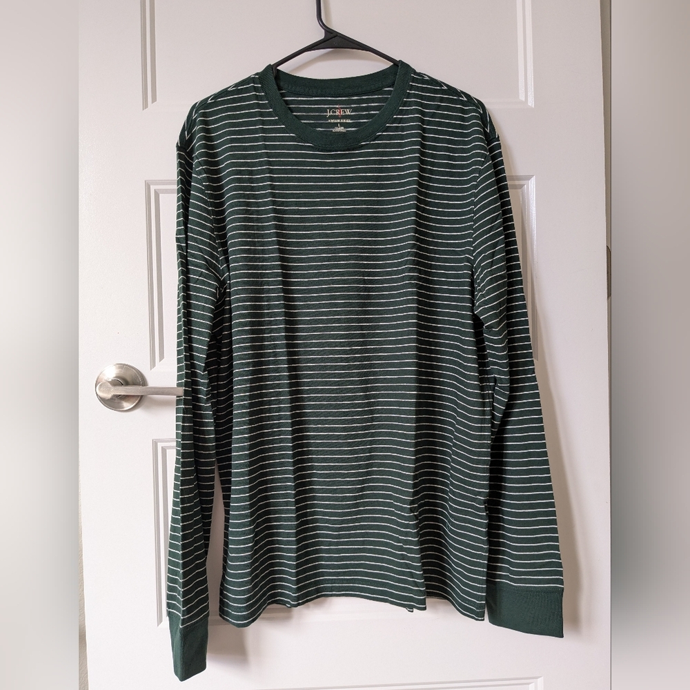 J. Crew Men's Forest Green and White Striped Long Sleeve Tee